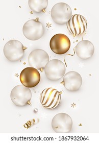  Christmas composition.New Year 2022. 25 of December
 Flat lay design with Christmas balls  on a white background.Top view vector.