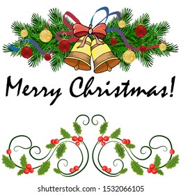 Christmas compositions with bells, pine and spruce branches, mistletoe