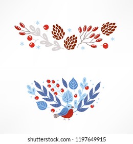 Christmas compositions with berries, cones, snowflakes, leaves, branches and bullfinch. Perfect for winter greeting cards, holiday decoration