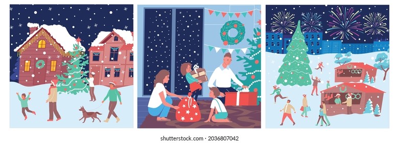 Christmas compositions flat set with walking people decorated trees houses market presents isolated vector illustration