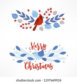 Christmas compositions with northern cardinal, titmouse, fir branches, leaves, cones, snowflakes and berries. Perfect for winter greeting cards, holiday decoration