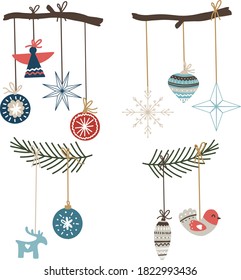Christmas compositions with ornaments, snowflakes and branches