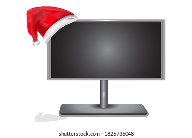 Christmas computer monitor isolated on white background. Christmas or New Year PC screen with red santas hat. Christmas display LCD. Shopping online for holidays.Special offer,winter sale.Stock vector
