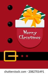 Christmas concept background decorative with gift box inside Santa Claus pocket. Design element can be used for greeting card, postcard, backdrop, brochure, print, vector illustration