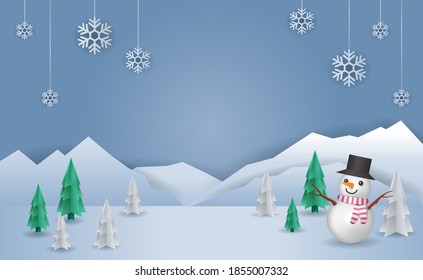 Fondo del concepto de Navidad. En las ilustraciones hay montañas nevadas, pinos y hombres de nieve. Utilizado como un banner de fondo en un sitio web o colocando un producto promocional