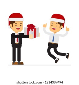 Christmas concept. Businessman giving holiday gift box to another businessman