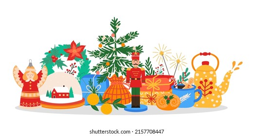 concepto de Navidad. Celebrando las vacaciones de invierno con abetos decorados, cajas de regalos, corona, té y juguetes. Atributos de navidad tradicionales y decoración de año nuevo como vectores de caña de caramelo y chispas