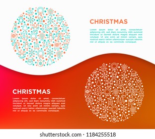 Christmas concept in circle with thin line icons: Santa Claus, snowflake, reindeer, wreath, candy cane, polar bear in hat, angel, mitten, candle, penguin, garland. Vector illustration for print media.