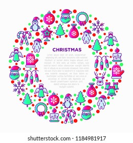 Christmas concept in circle with thin line icons: Santa Claus, snowflake, reindeer, wreath, candy cane, polar bear in hat, angel, mitten, candle, penguin, garland. Vector illustration for print media.