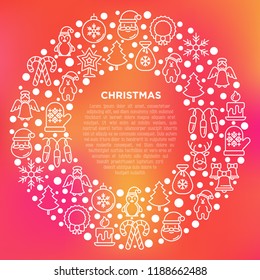 Christmas concept in circle with thin line icons: Santa Claus, snowflake, reindeer, wreath, candy cane, polar bear in hat, angel, mitten, candle, penguin, garland. Vector illustration for print media.