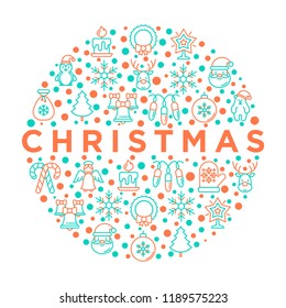 Christmas concept in circle with thin line icons: Santa Claus, snowflake, reindeer, wreath, candy cane, polar bear in hat, angel, mitten, candle, penguin, garland. Vector illustration for print media.