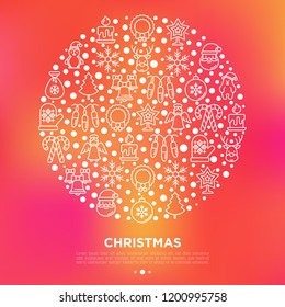 Christmas concept in circle with thin line icons: Santa Claus, snowflake, reindeer, wreath, candy cane, polar bear in hat, angel, mitten, candle, penguin, garland. Vector illustration for banner.