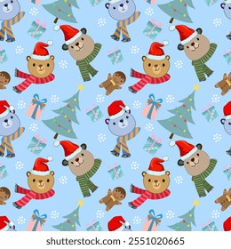 Christmas concept with cute bear tree gift box seamless pattern for fabric textile wallpaper gift wrapping background.