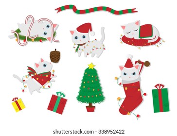 christmas concept of cute white cat isolated on white background vector