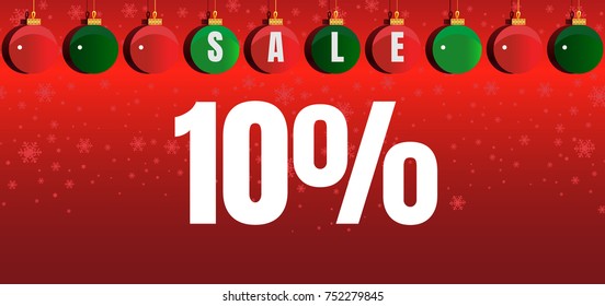 Christmas concept design with Christmas balls on a red gradient background and the words about the sale 10 percent
