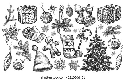 Christmas concept. Design elements hand drawn in sketchy vintage style. Holiday decorations engraving vector