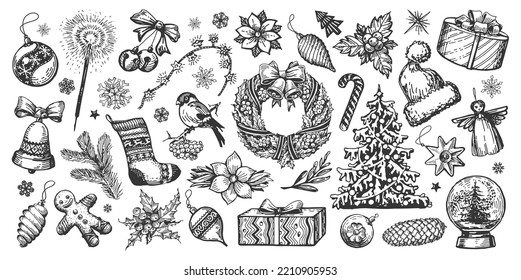 Christmas concept. Design elements hand drawn in sketch vintage style. Holiday decorations engraving vector illustration