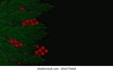 Weihnachtskonzept mit grünen Kiefernästen und roten Beeren auf dunklem Hintergrund.