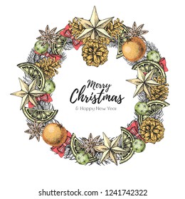 Christmas concept design. Christmas holiday decorative wreath. Hand drawing vector illustration