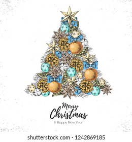 Christmas concept design. Holiday decorative Christmas tree. Hand drawing vector illustration