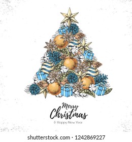 Christmas concept design. Holiday decorative Christmas tree. Hand drawing vector illustration