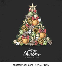 Christmas concept design. Holiday decorative Christmas tree. Hand drawing vector illustration