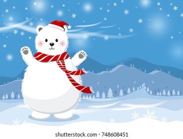 Christmas concept design of white bear with hat at winter mountain vector illustration