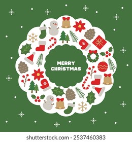 A Christmas concept featuring a wreath-shaped frame with icons of a snowman, ornament, tree, gift, cane, poinsettia, holly, bell, mitten, socks and pine cones on a snow and snowflake background.