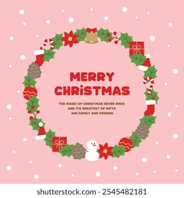 A Christmas concept featuring a wreath-shaped frame with icons of a snowman, ornament, tree, gift, poinsettia, holly, bell, socks and pine cones on a snow and snowflake background.