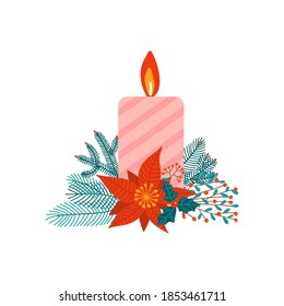 Christmas concept with fir branch, poissentia and candles on a white background. Vector flat cartoon illustration isolated on white background