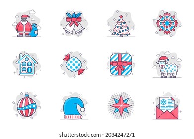 Christmas concept flat line icons set. Happy New Year, festive decor. Bundle of santa claus, bell, tree, snowflake, cookies, gift, sheep, other. Vector conceptual pack outline symbols for mobile app
