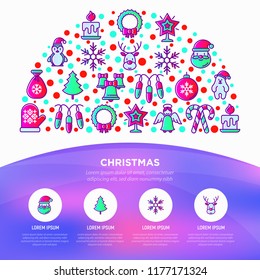 Christmas concept in half circle with thin line icons: Santa Claus, snowflake, reindeer, wreath, polar bear in hat, angel, mitten, penguin, garland. Vector illustration, web page template.