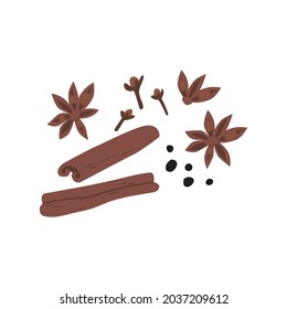 Christmas concept. hand drawn doodle ingredients for mulled wine. seasonings including cinnamon sticks, black pepper, anise, badian, cloves. isolated vector illustration on white background