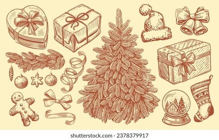 Christmas concept. Hand drawn retro objects for holiday decoration. Vintage sketch vector illustration