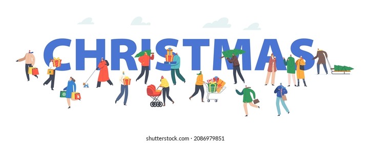 Christmas Concept. Happy People Carry Gift Boxes in Hands and Shopping Cart Buying Presents on Fair. Characters Hurry for Xmas Celebration Poster, Banner or Flyer. Cartoon People Vector Illustration