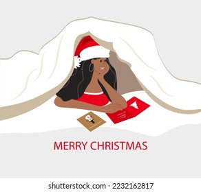 Christmas concept. Happy Woman Lying Down under the Cozy Duvet and Reading the Christmas Cards. Vector illustration.