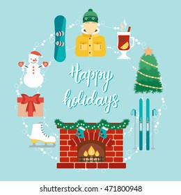 Christmas concept with icons in the flat design and hand written phrase Happy Holidays. Christmas and ski resort attributes. . Vector illustration