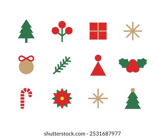 Christmas concept icons in minimal, simple and flat style. Tree, poinsettia, berries, flowers, hat, cane, light, ornament, star, drop, ribbon, gift, ball.