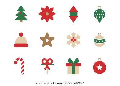 Christmas concept icons in minimal, simple and flat style. Tree, poinsettia, berries, flowers, hat, cane, light, ornament, star, drop, ribbon, gift, ball, set of Christmas icon
