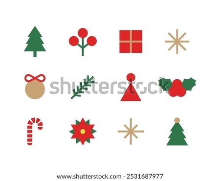 Christmas concept icons in minimal, simple and flat style. Tree, poinsettia, berries, flowers, hat, cane, light, ornament, star, drop, ribbon, gift, ball.