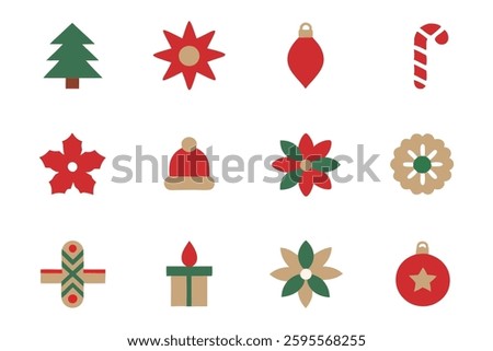Christmas concept icons in minimal, simple and flat style. Tree, poinsettia, berries, flowers, hat, cane, light, ornament, star, drop, ribbon, gift, ball, set of Christmas icon