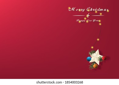 Christmas concept with lights decorated beautifully and hanging five-pointed star shape and colorful balls with text Merry Christmas and Happy New Year isolated on gradient red background.