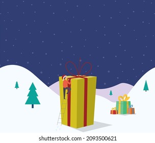 Christmas concept. Little person preparing giant christmas gift. Modern flat vector illustration
