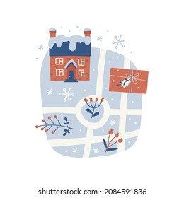 Christmas concept with a map of the winter town. Landscape with house, berry and branches. Round shape with streets and roads. Isolated Vector flat element. . Only 5 colors - Easy to recolor.