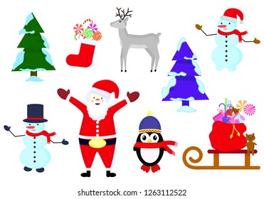 Christmas concept. New Year set vector drawing Santa Claus, snowman, reindeer, penguin and bear with gifts on a sleigh