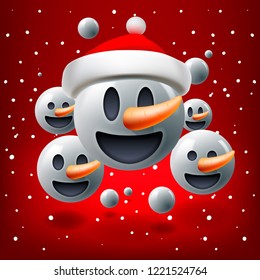 Christmas concept for people teamwork, red background with group of smiley snowman emoticon with Santa's hat, emoji, vector illustration.