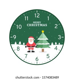 Christmas concept printable clock face template isolated on white background, Santa Claus stand on the snowy ground with Christmas tree.