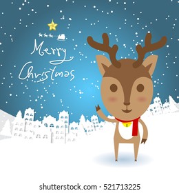 Christmas concept reindeer waving in white city and snowflakes background