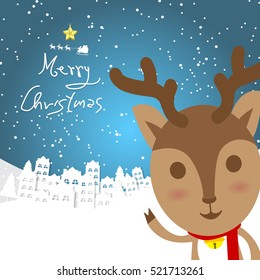 Christmas concept reindeer waving in white city and snowflakes background