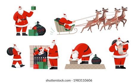 Christmas concept. Santa Claus ride reindeer sleigh, comes down chimney, carrying bag, reads letter, gift list or wish list, put gifts into stockings. Set of flat cartoon vector illustrations